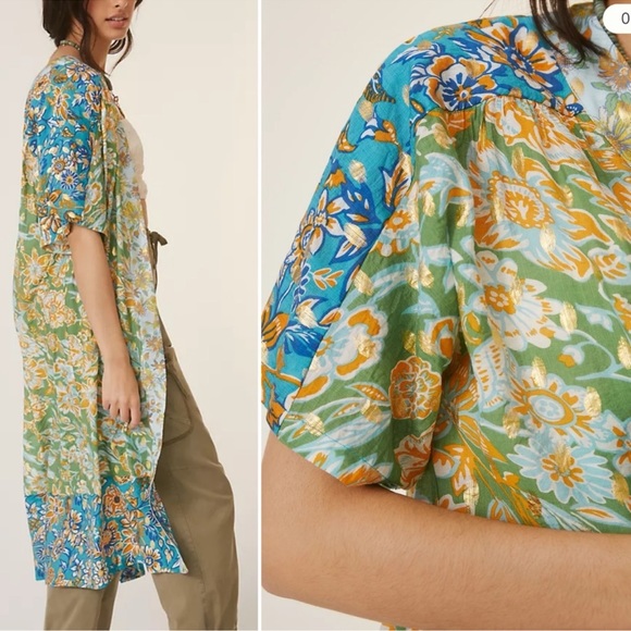 Anthropologie Current Air Floral Kimono Metallic Stamped Duster Cover Up - Picture 2 of 11